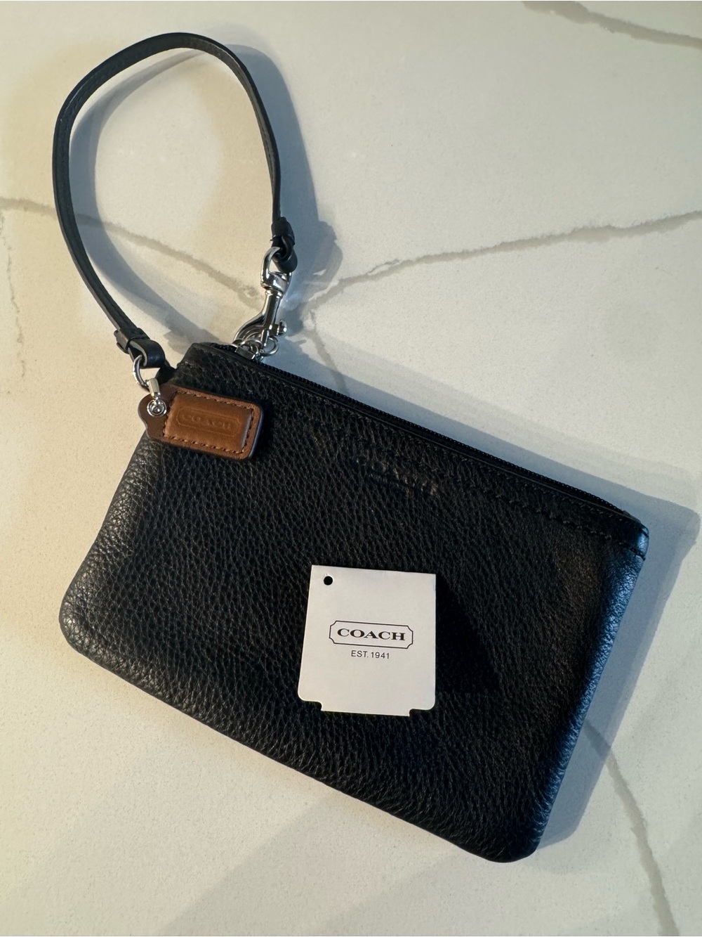 Coach Black Pebbled Leather Wristlet with Tan Tag